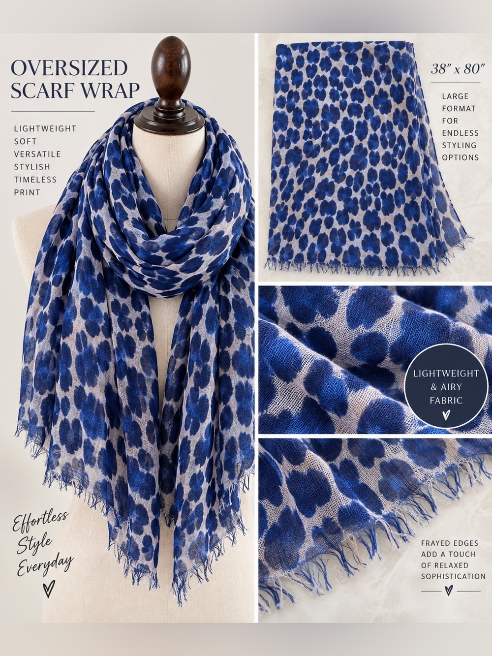Blue Animal Print Lightweight Oversized Scarf Wrap 38 x 80
